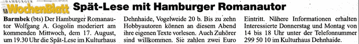 Das Hamburger Wochenblatt ber die Spaet-Lese mit Wolfgang A. Gogolin im Kulturhaus Dehnhaide